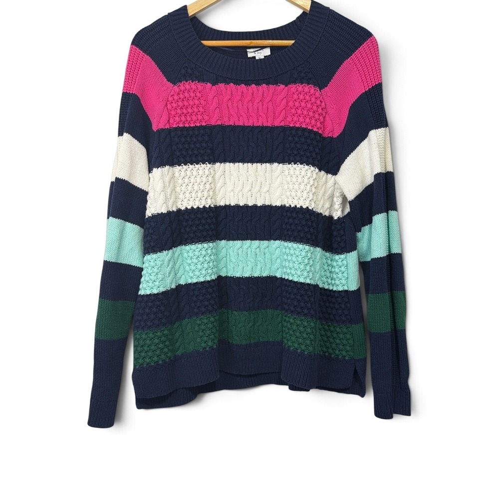 Crown & Ivy Womens XL Multi Color Striped Cable Popcorn Knit Crew Neck Sweater